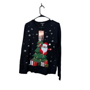 BYdesign Womens Santa Christmas Tree Sequin Ugly Sweater Black M